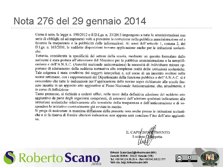 Nota 276 del 29 gennaio 2014 Roberto Scano (mail@robertoscano. info) Castello 3060/b - 30122