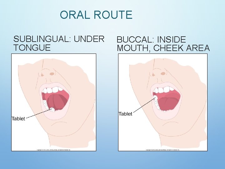 ORAL ROUTE SUBLINGUAL: UNDER TONGUE BUCCAL: INSIDE MOUTH, CHEEK AREA ORAL ROUTE SUBLINGUAL: UNDER TONGUE BUCCAL: INSIDE MOUTH, CHEEK AREA