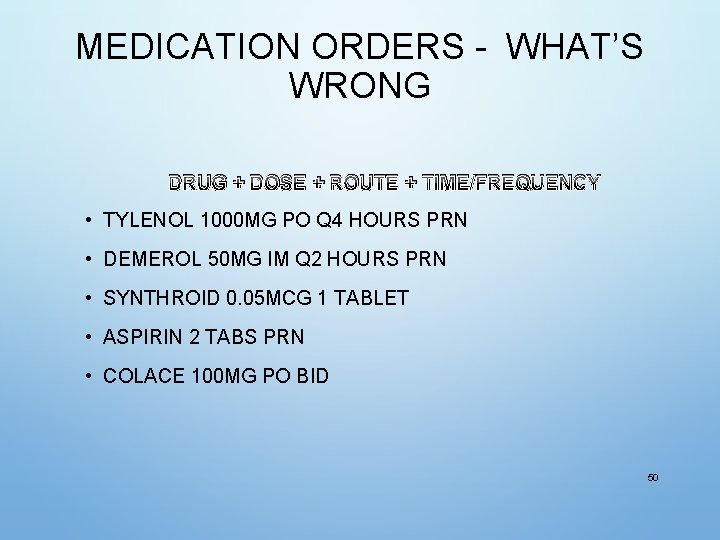 MEDICATION ORDERS - WHAT’S WRONG DRUG + DOSE + ROUTE + TIME/FREQUENCY • TYLENOL MEDICATION ORDERS - WHAT’S WRONG DRUG + DOSE + ROUTE + TIME/FREQUENCY • TYLENOL