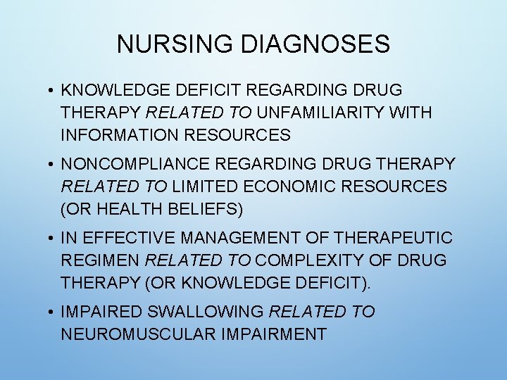 NURSING DIAGNOSES • KNOWLEDGE DEFICIT REGARDING DRUG THERAPY RELATED TO UNFAMILIARITY WITH INFORMATION RESOURCES NURSING DIAGNOSES • KNOWLEDGE DEFICIT REGARDING DRUG THERAPY RELATED TO UNFAMILIARITY WITH INFORMATION RESOURCES