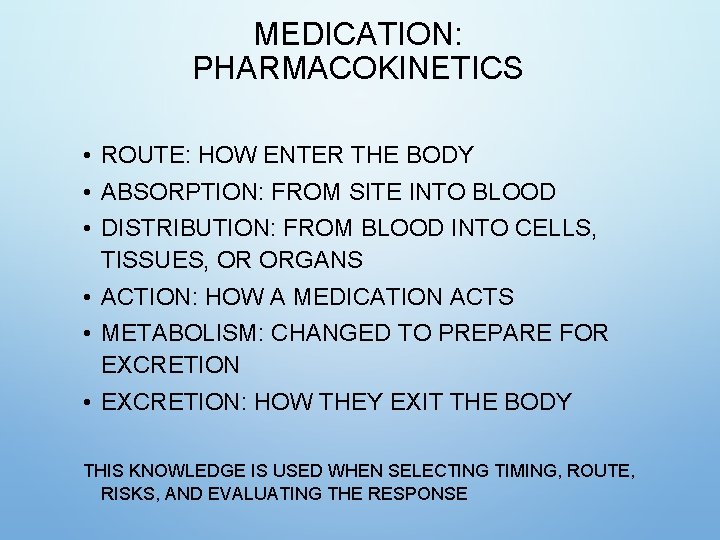 MEDICATION: PHARMACOKINETICS • ROUTE: HOW ENTER THE BODY • ABSORPTION: FROM SITE INTO BLOOD MEDICATION: PHARMACOKINETICS • ROUTE: HOW ENTER THE BODY • ABSORPTION: FROM SITE INTO BLOOD