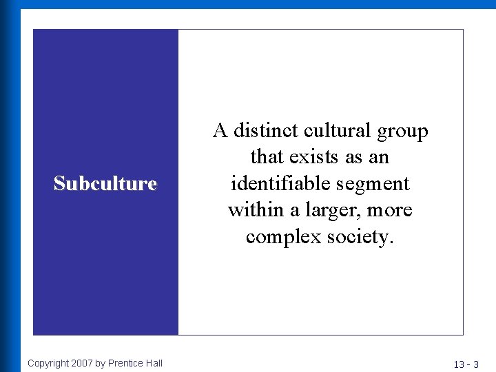 Subculture Copyright 2007 by Prentice Hall A distinct cultural group that exists as an
