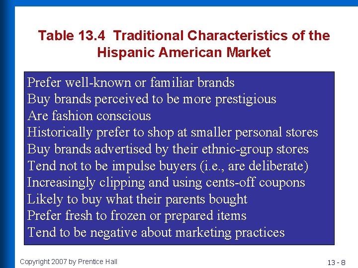 Table 13. 4 Traditional Characteristics of the Hispanic American Market Prefer well-known or familiar