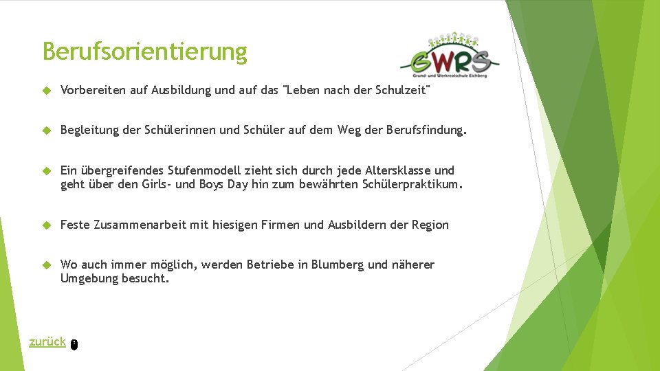 Berufsorientierung Vorbereiten auf Ausbildung und auf das "Leben nach der Schulzeit" Begleitung der Schülerinnen