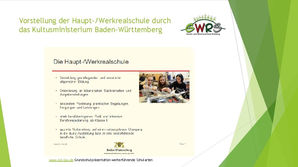 Vorstellung der Haupt-/Werkrealschule durch das Kultusministerium Baden-Württemberg www. km-bw. de Grundschulpräsentation weiterführende Schularten 