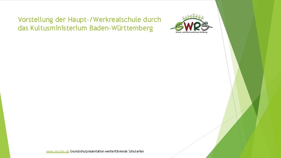 Vorstellung der Haupt-/Werkrealschule durch das Kultusministerium Baden-Württemberg www. km-bw. de Grundschulpräsentation weiterführende Schularten 