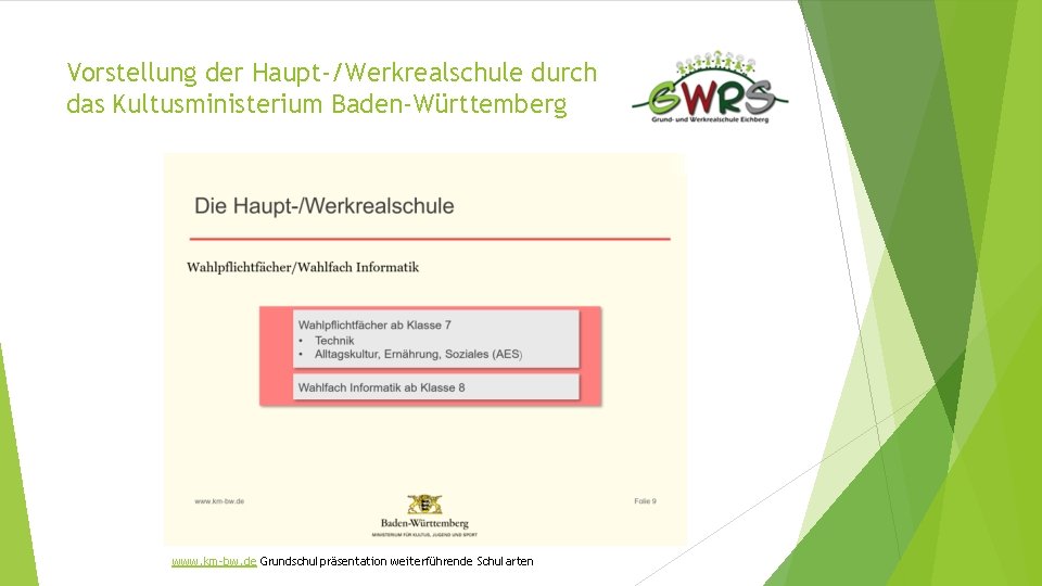 Vorstellung der Haupt-/Werkrealschule durch das Kultusministerium Baden-Württemberg www. km-bw. de Grundschulpräsentation weiterführende Schularten 