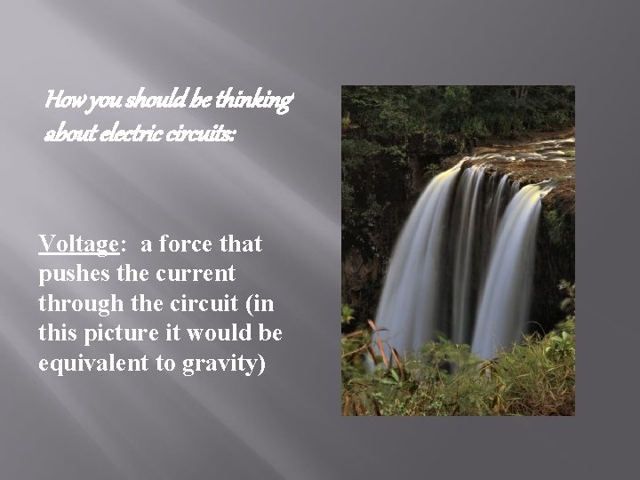 How you should be thinking about electric circuits: Voltage: a force that pushes the