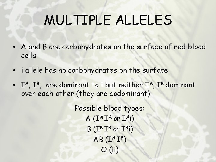 MULTIPLE ALLELES • A and B are carbohydrates on the surface of red blood