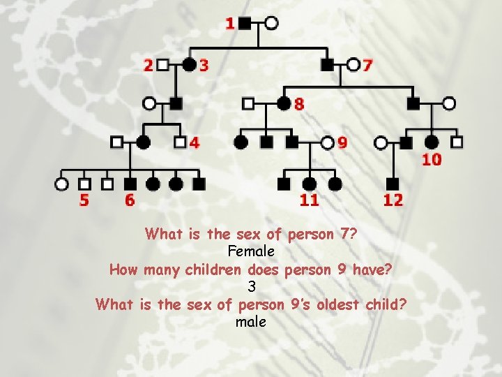 What is the sex of person 7? Female How many children does person 9