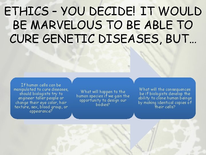 ETHICS – YOU DECIDE! IT WOULD BE MARVELOUS TO BE ABLE TO CURE GENETIC