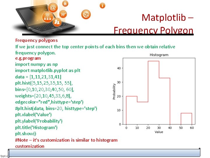 Matplotlib – Frequency Polygon Frequency polygons If we just connect the top center points