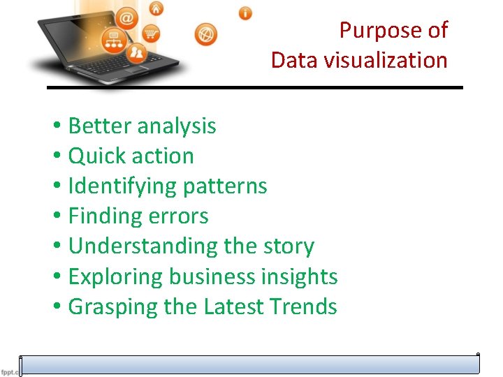 Purpose of Data visualization • Better analysis • Quick action • Identifying patterns •