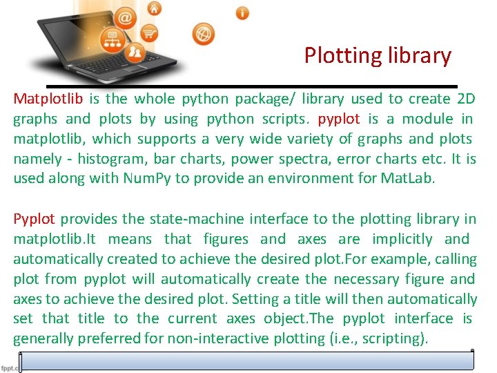 Plotting library Matplotlib is the whole python package/ library used to create 2 D