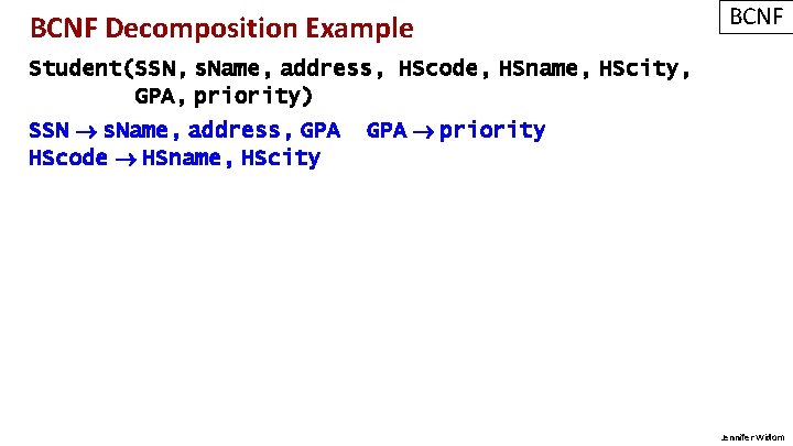 BCNF Decomposition Example BCNF Student(SSN, s. Name, address, HScode, HSname, HScity, GPA, priority) SSN
