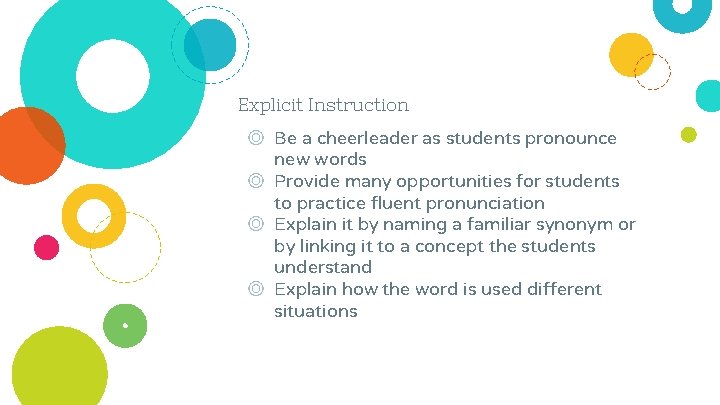 Explicit Instruction ◎ Be a cheerleader as students pronounce new words ◎ Provide many