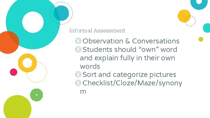 Informal Assessment ◎ Observation & Conversations ◎ Students should “own” word and explain fully