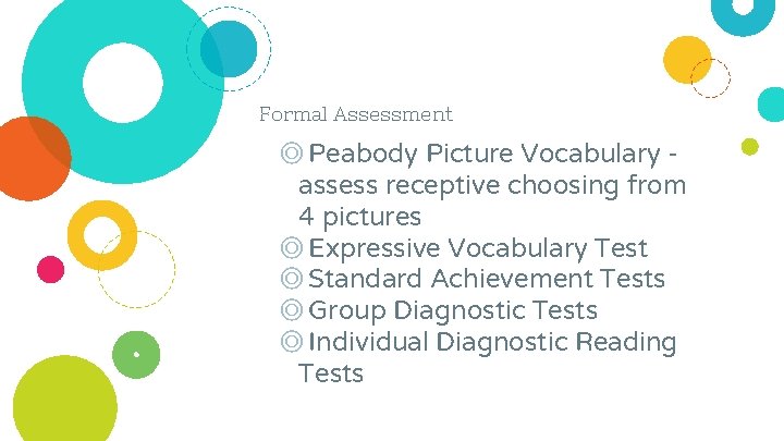 Formal Assessment ◎ Peabody Picture Vocabulary assess receptive choosing from 4 pictures ◎ Expressive