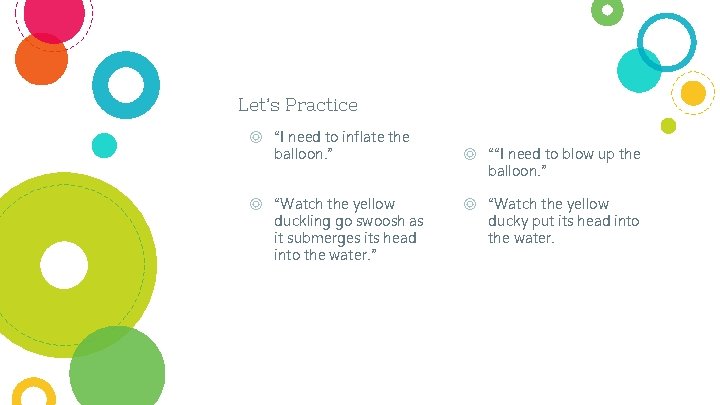 Let’s Practice ◎ “I need to inflate the balloon. ” ◎ “Watch the yellow