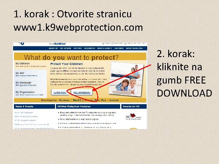 1. korak : Otvorite stranicu www 1. k 9 webprotection. com 2. korak: kliknite