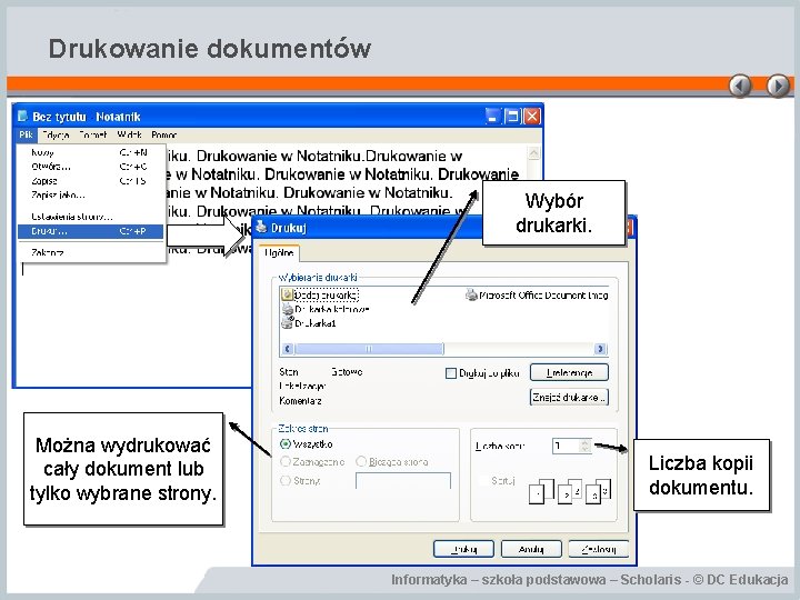 Drukowanie dokumentów Wybór drukarki. Można wydrukować cały dokument lub tylko wybrane strony. Liczba kopii