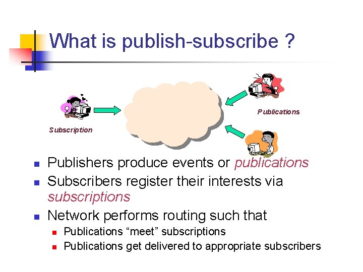 What is publish-subscribe ? Publications Subscription n Publishers produce events or publications Subscribers register