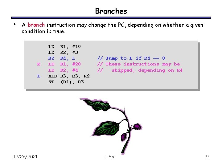 Branches • A branch instruction may change the PC, depending on whether a given