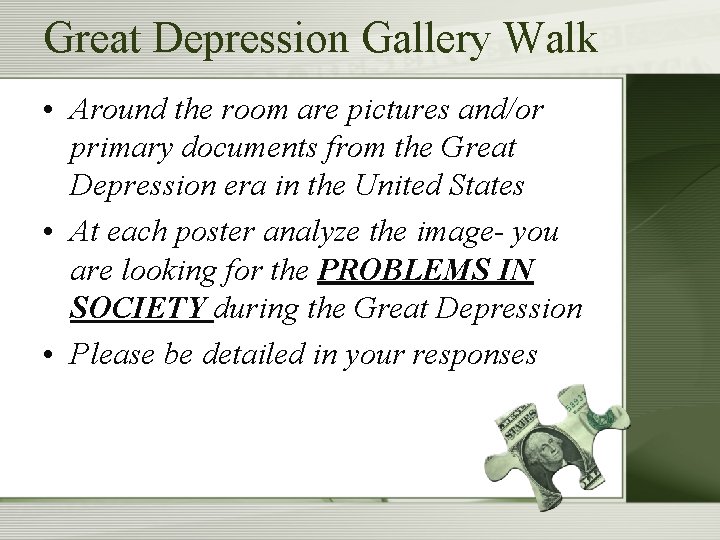 Bellringer When the Great Depression began in 1929