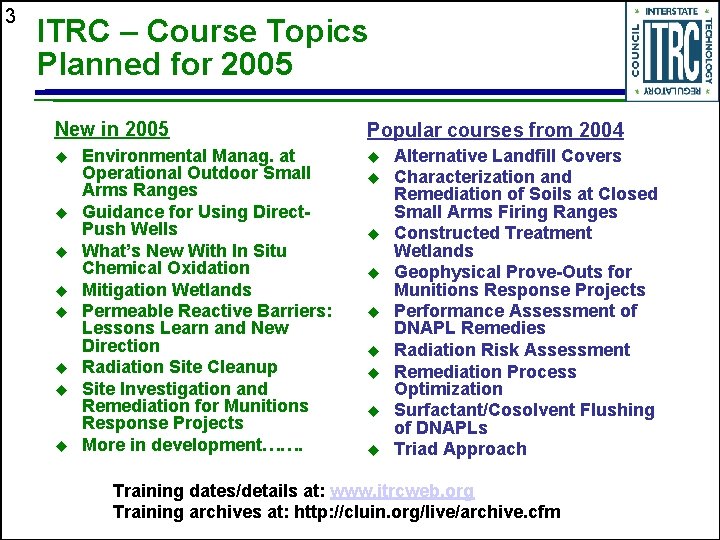 3 ITRC – Course Topics Planned for 2005 New in 2005 u u u