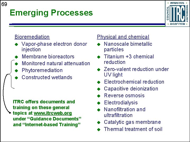 69 Emerging Processes Bioremediation u Vapor-phase electron donor injection u Membrane bioreactors u Monitored