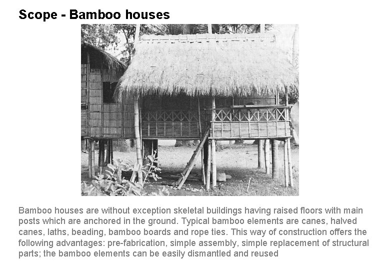 Scope - Bamboo houses are without exception skeletal buildings having raised floors with main