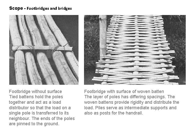 Scope - Footbridges and bridges Footbridge without surface Tied battens hold the poles together