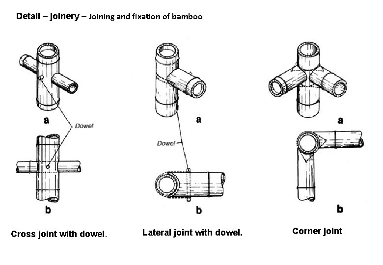 Detail – joinery – Joining and fixation of bamboo Cross joint with dowel. Lateral