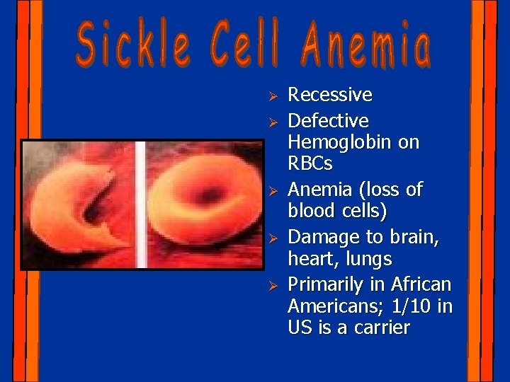 Ø Ø Ø Recessive Defective Hemoglobin on RBCs Anemia (loss of blood cells) Damage