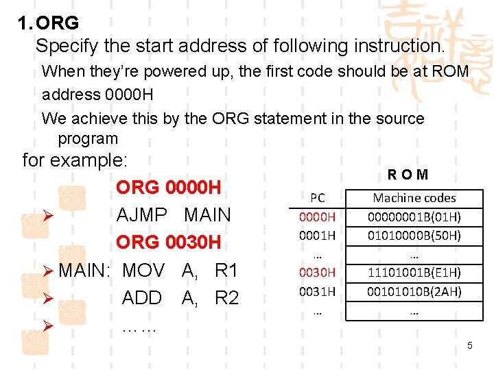 1. ORG Specify the start address of following instruction. When they’re powered up, the