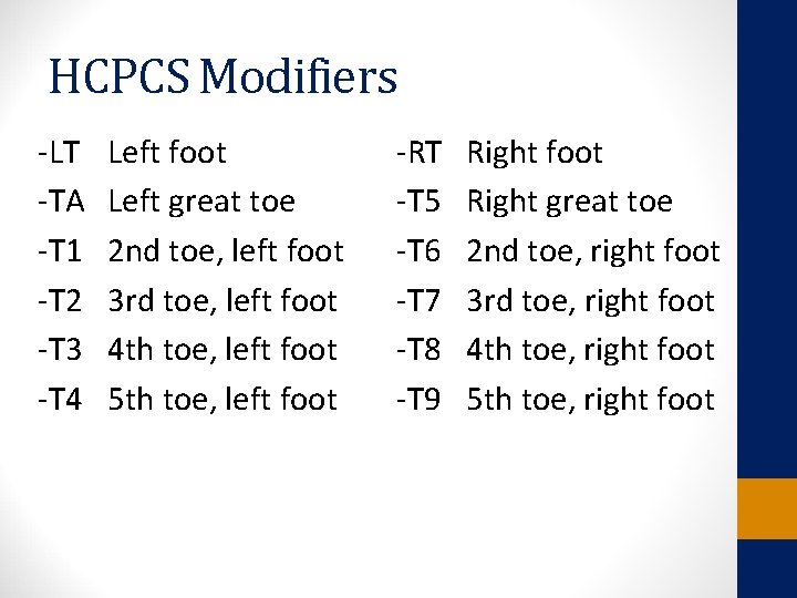 HCPCS Modifiers -LT -TA -T 1 -T 2 -T 3 -T 4 Left foot