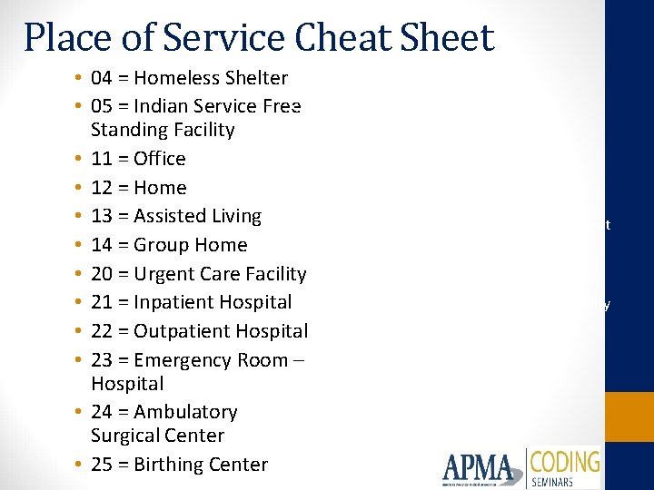Place of Service Cheat Sheet • 04 = Homeless Shelter • 26 = Military