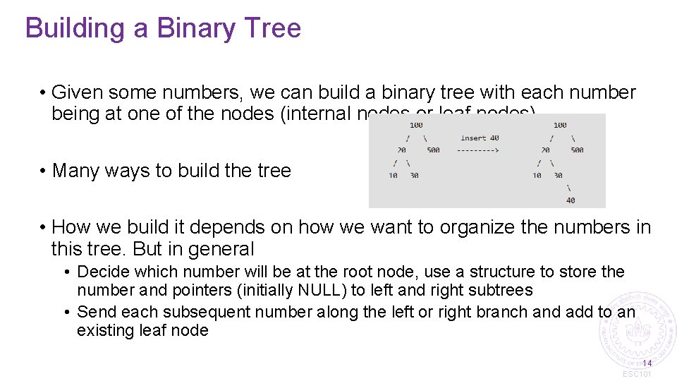 Building a Binary Tree • Given some numbers, we can build a binary tree