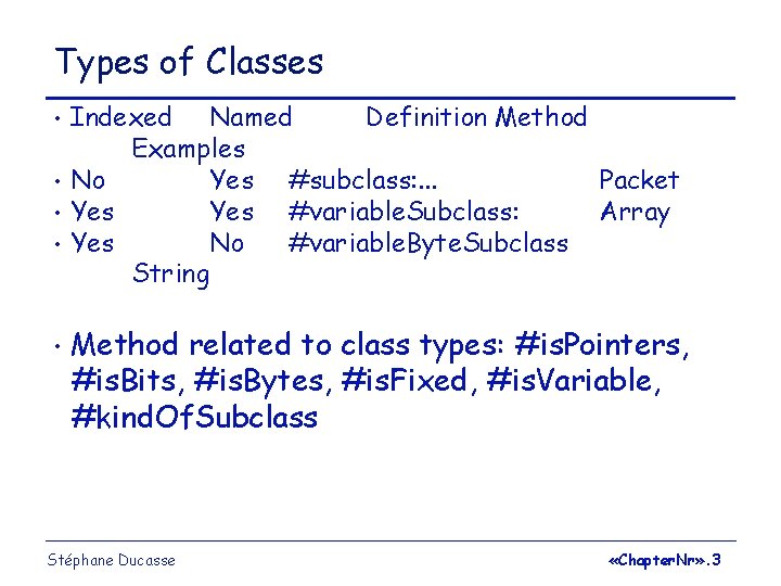 Types of Classes • • • Indexed Named Definition Method Examples No Yes #subclass: