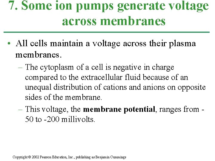 7. Some ion pumps generate voltage across membranes • All cells maintain a voltage