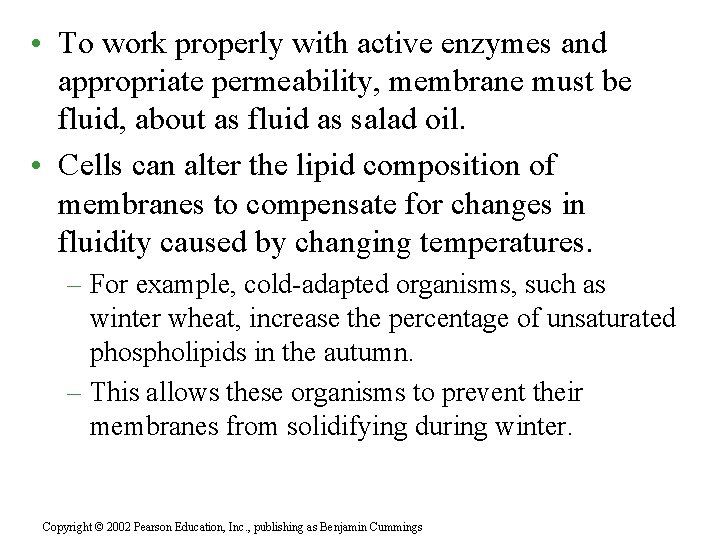  • To work properly with active enzymes and appropriate permeability, membrane must be