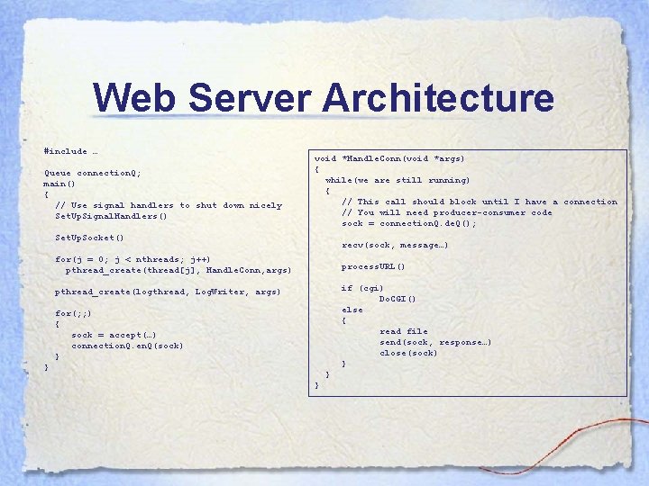 Web Server Architecture #include … Queue connection. Q; main() { // Use signal handlers