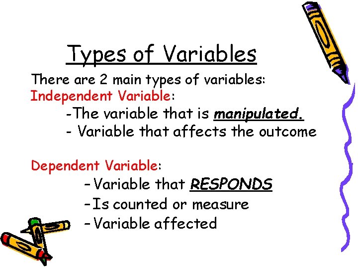 Types of Variables There are 2 main types of variables: Independent Variable: -The variable