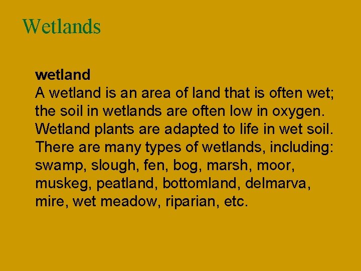Wetlands n wetland A wetland is an area of land that is often wet;