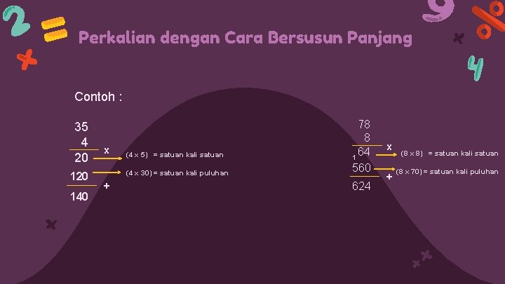 Perkalian dengan Cara Bersusun Panjang Contoh : 35 4 20 140 x (4 x