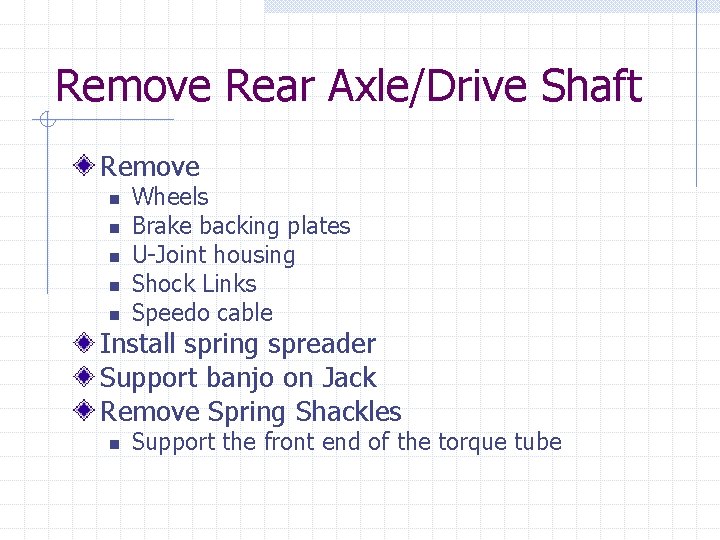 Remove Rear Axle/Drive Shaft Remove n n n Wheels Brake backing plates U-Joint housing