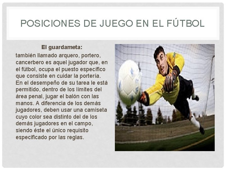 POSICIONES DE JUEGO EN EL FÚTBOL El guardameta: también llamado arquero, portero, cancerbero es