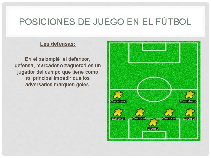 POSICIONES DE JUEGO EN EL FÚTBOL Los defensas: En el balompié, el defensor, defensa,