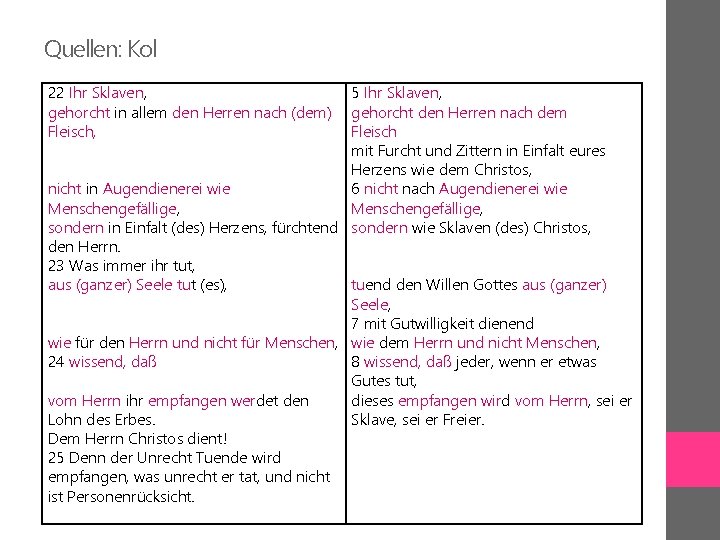 Quellen: Kol 22 Ihr Sklaven, gehorcht in allem den Herren nach (dem) Fleisch, 5