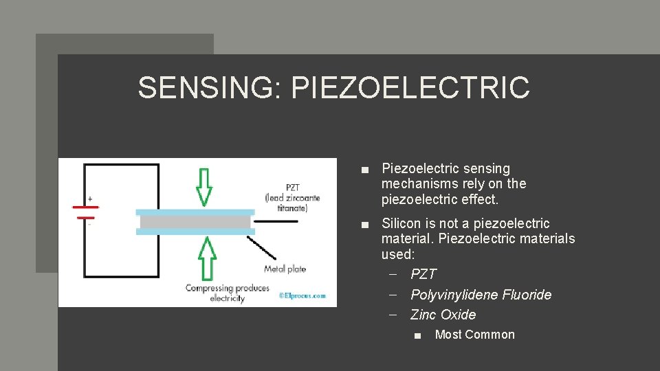 SENSING: PIEZOELECTRIC ■ Piezoelectric sensing mechanisms rely on the piezoelectric effect. ■ Silicon is